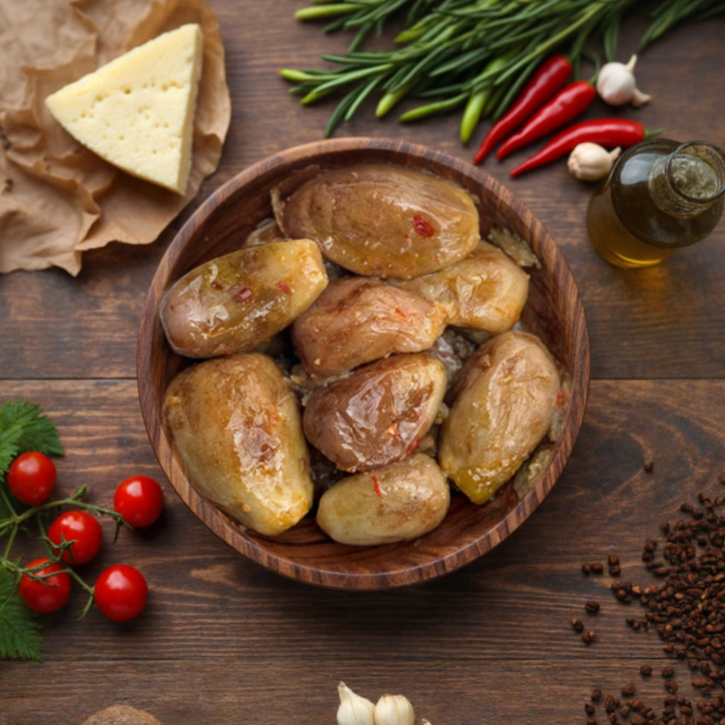 طبق خشبي يحتوي على مطدوس الباذنجان الحمصي